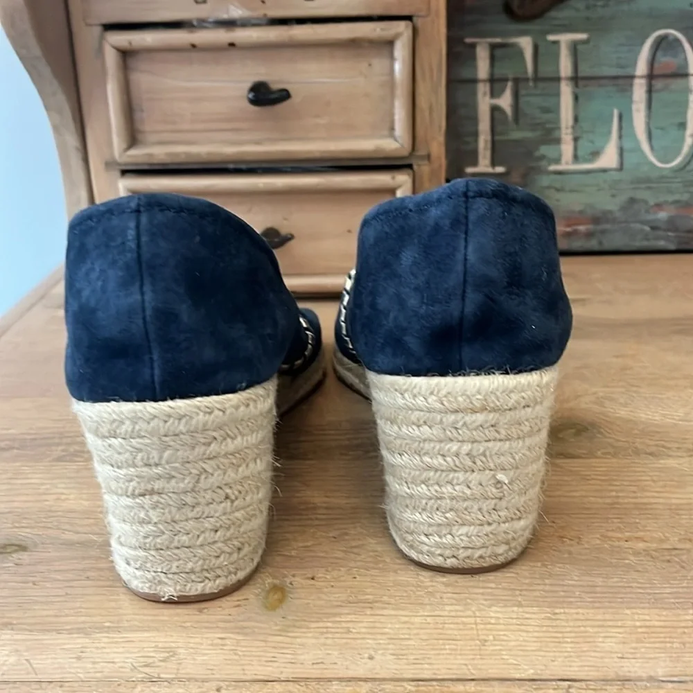 Jack Rogers Palmer Wedge Espadrilles Blue Suede Gold Trim Size 10 Peep Toes